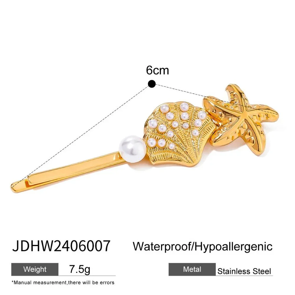 18K Gold Plated Stainless Steel Starfish Shell Pearl Coastal Hair Bobby Pin